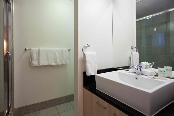 Une salle de bain avec un grand lavabo, un miroir et un porte-serviettes.