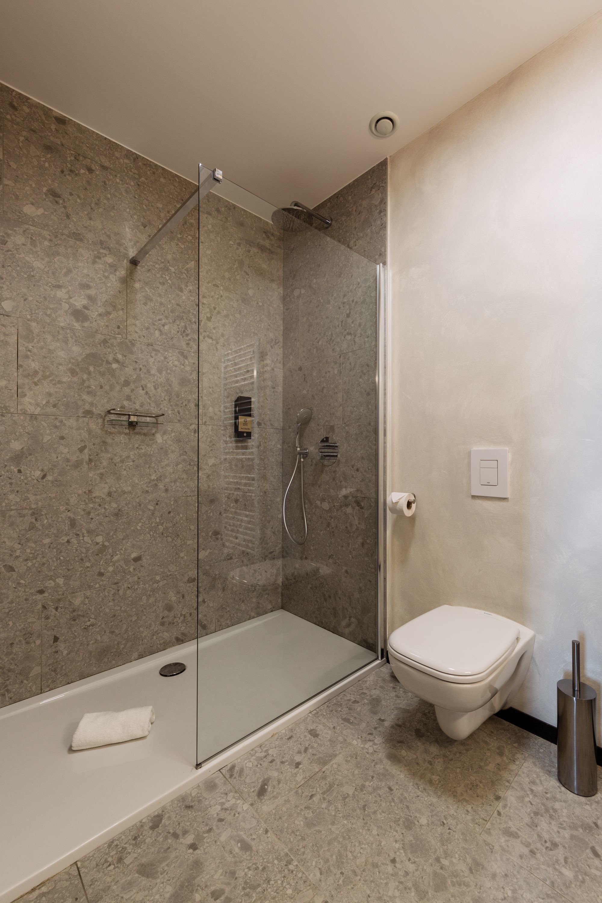 A modern bathroom with a glass-enclosed shower, a toilet, and a towel rack.
