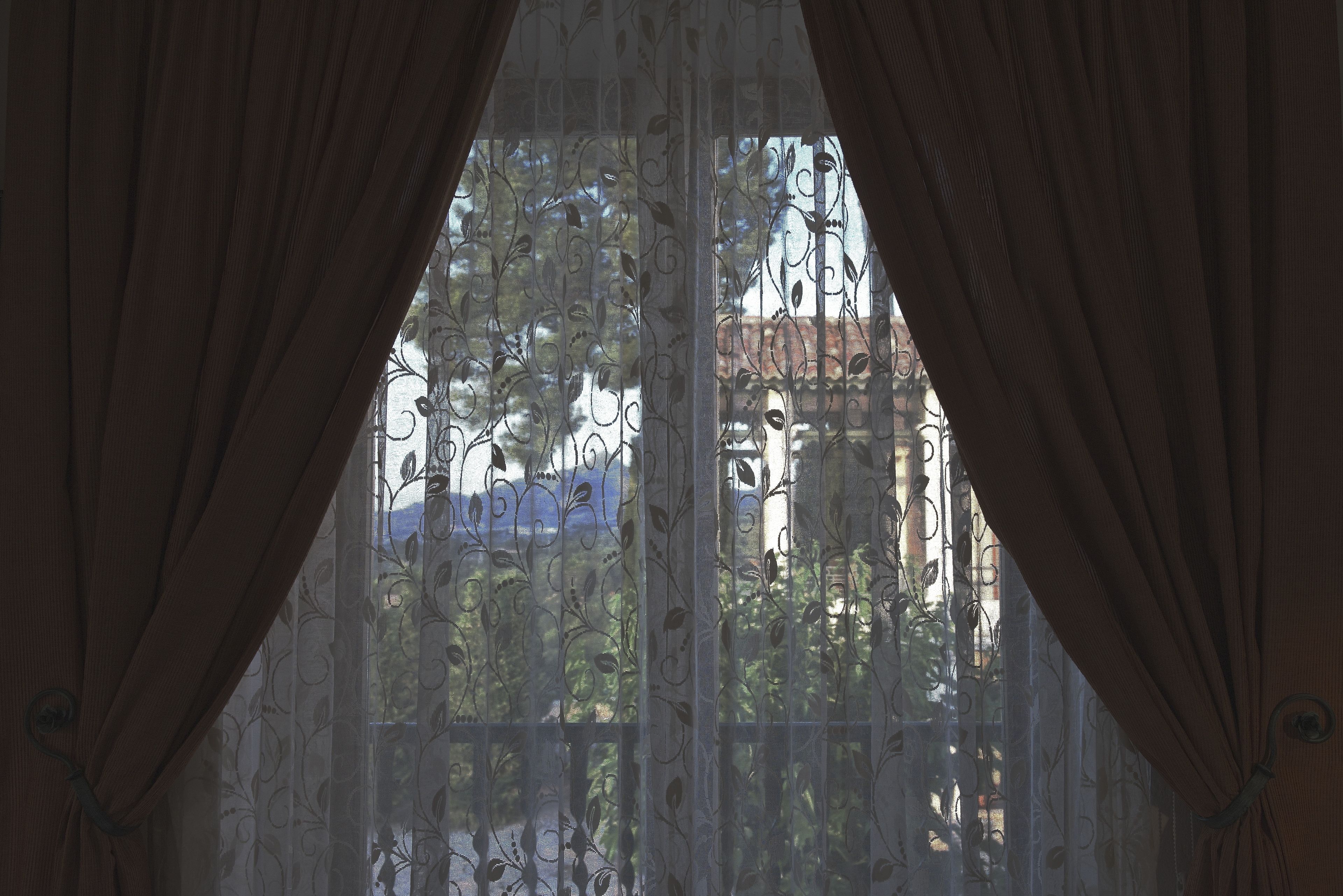 A view through a window with ornate curtains, revealing a building with a red roof and greenery outside.