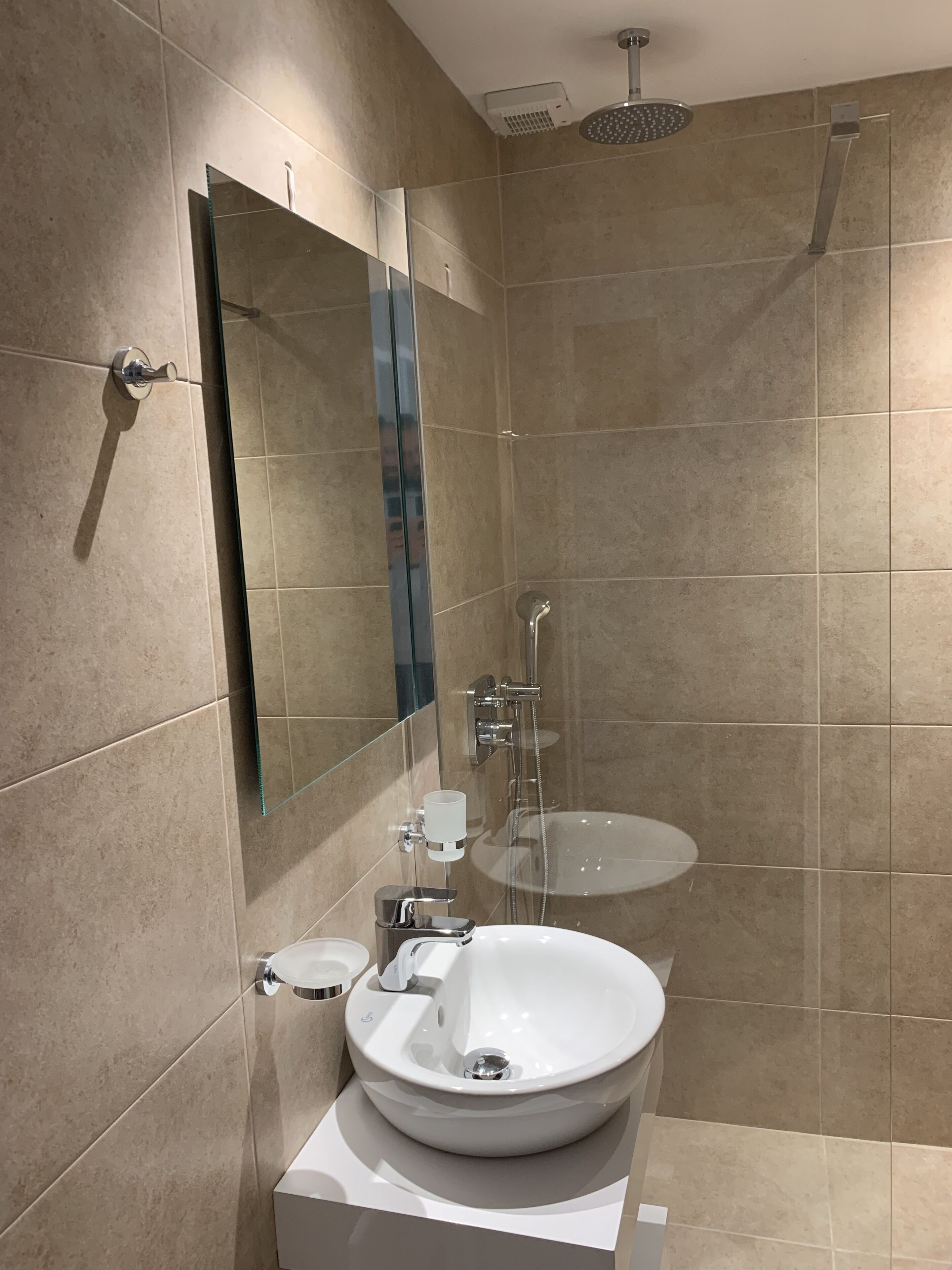 A modern bathroom with a large mirror, a white sink, a handheld showerhead, and a toilet.