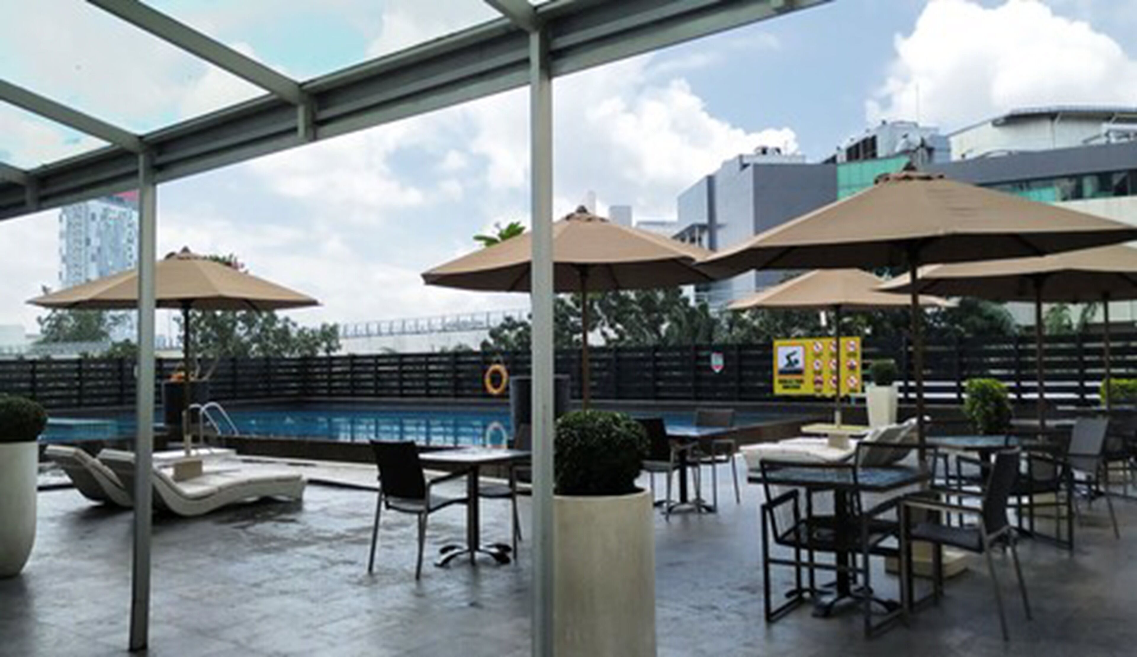 outdoor pool, pool loungers