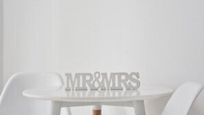 A table with the letters "MR&MRS" on it, surrounded by white chairs. - Mr and Mrs White Corfu Couples Retreat Adults Only (Corfu)