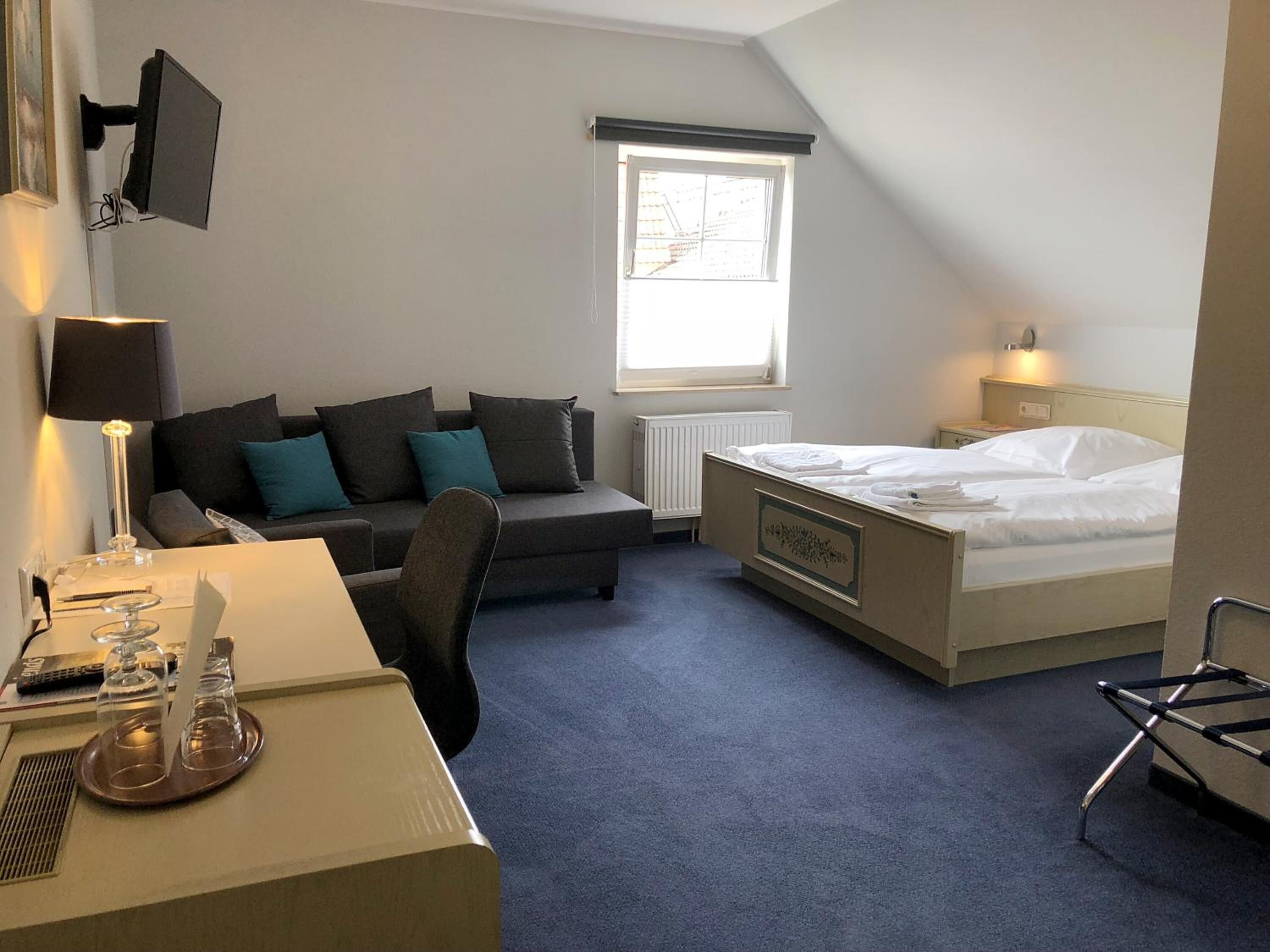 A hotel room with a bed, a desk, a chair, a sofa, a TV, a window, and a radiator.