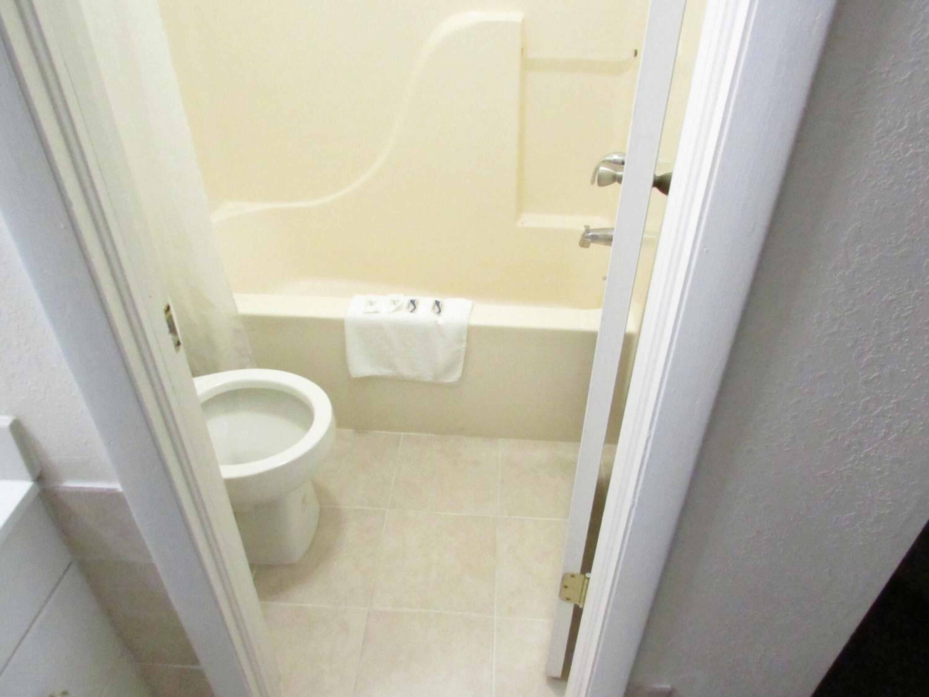 A bathroom with a toilet, a bathtub, and a shower.