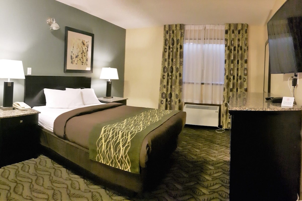 Una habitación de hotel con una cama, dos lámparas de noche, un escritorio con teléfono, una silla, un televisor y una ventana con cortinas.