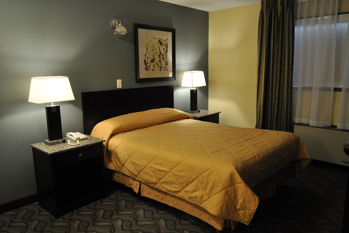 A hotel room with a bed, two bedside tables with lamps, a telephone, a framed picture on the wall, and a window with curtains.