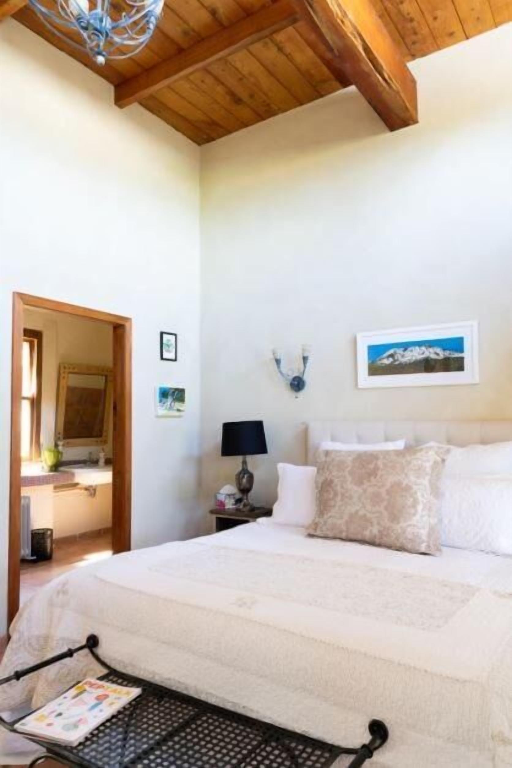 A bedroom with a large bed, a nightstand, a lamp, and a framed picture on the wall.