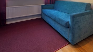 A room with a blue sofa, a red curtain, a window with a view of buildings, and a framed picture on the wall.