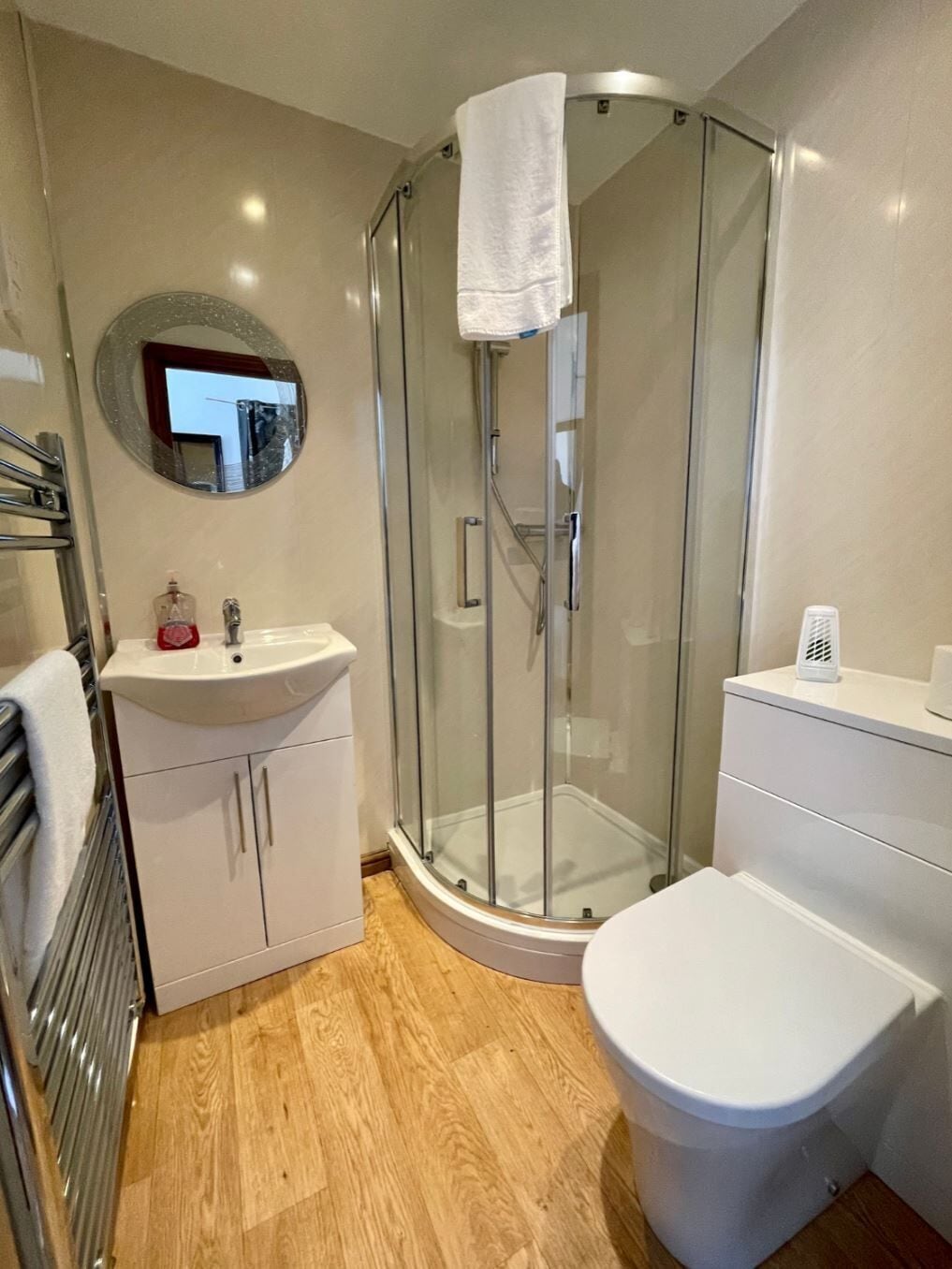 A modern bathroom with a glass shower enclosure, a white sink, and a toilet.