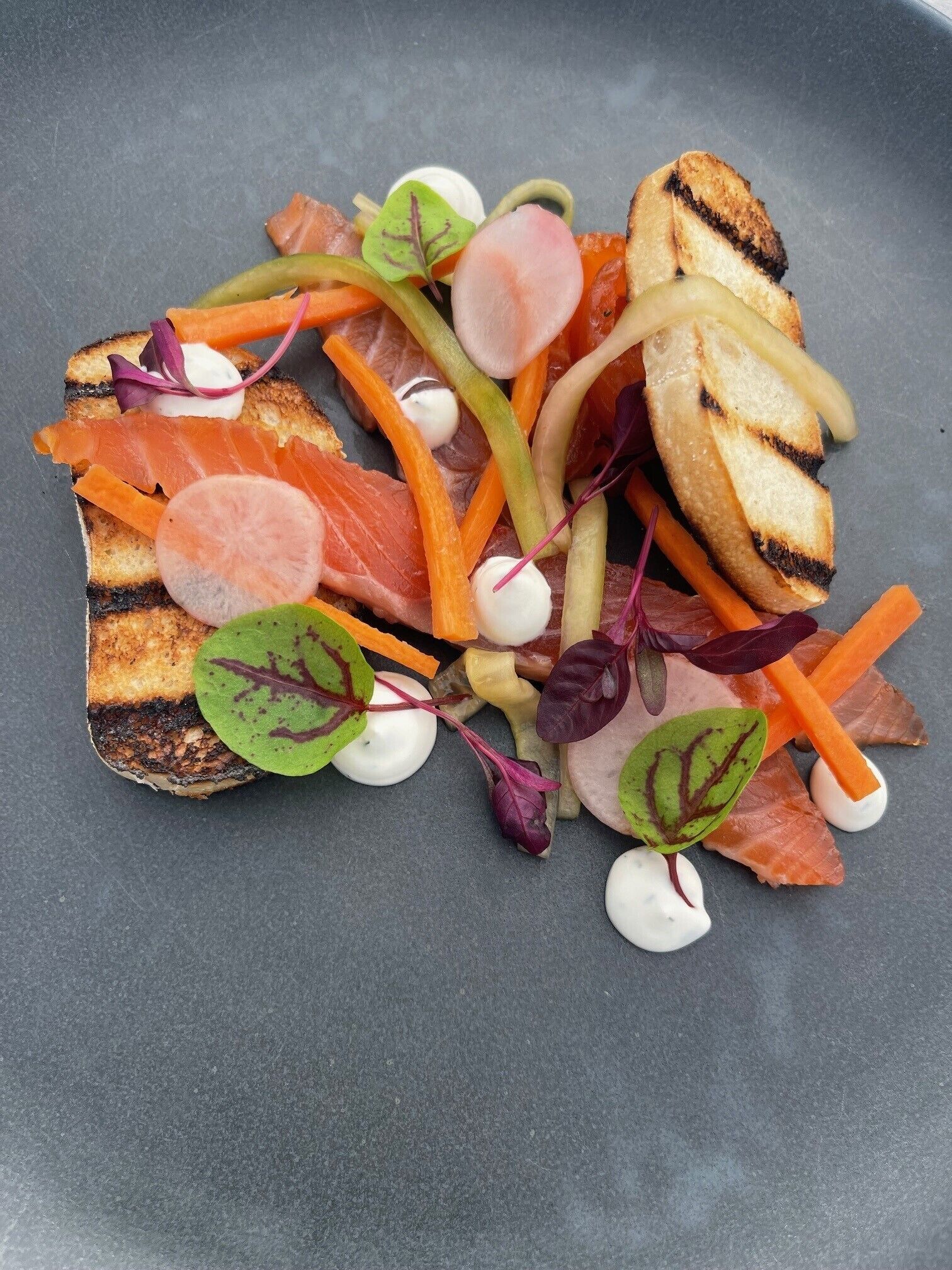 Un plat composé de pain grillé, de saumon fumé et de divers légumes.