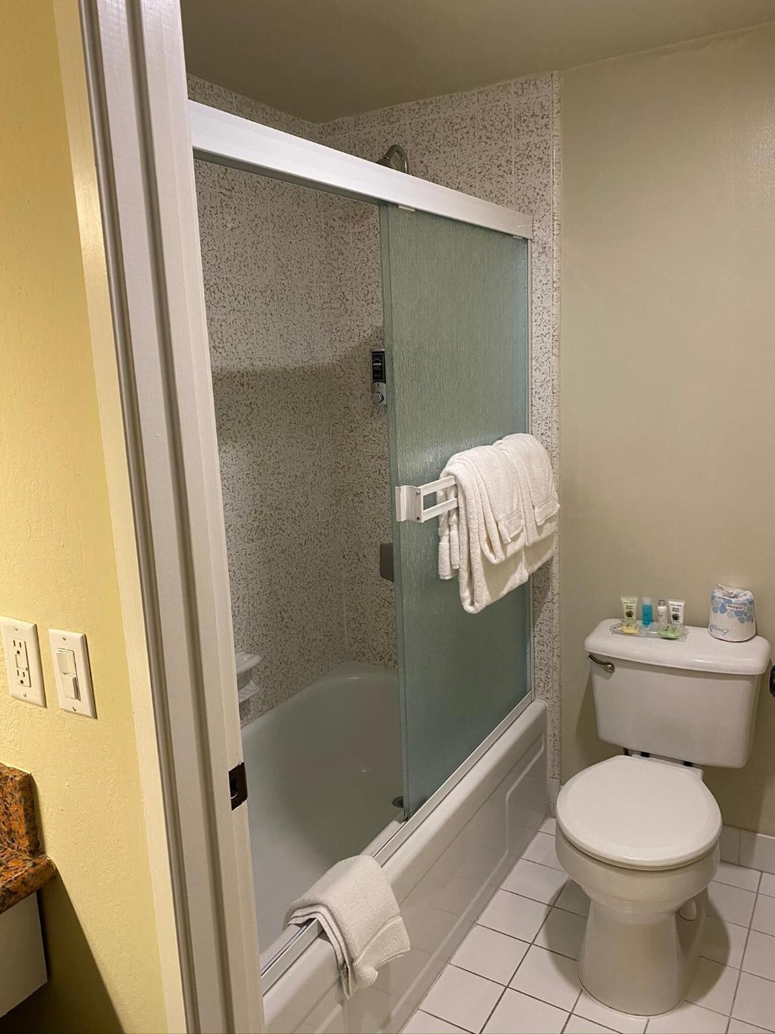 A bathroom with a glass-enclosed shower, a toilet, and a sink.