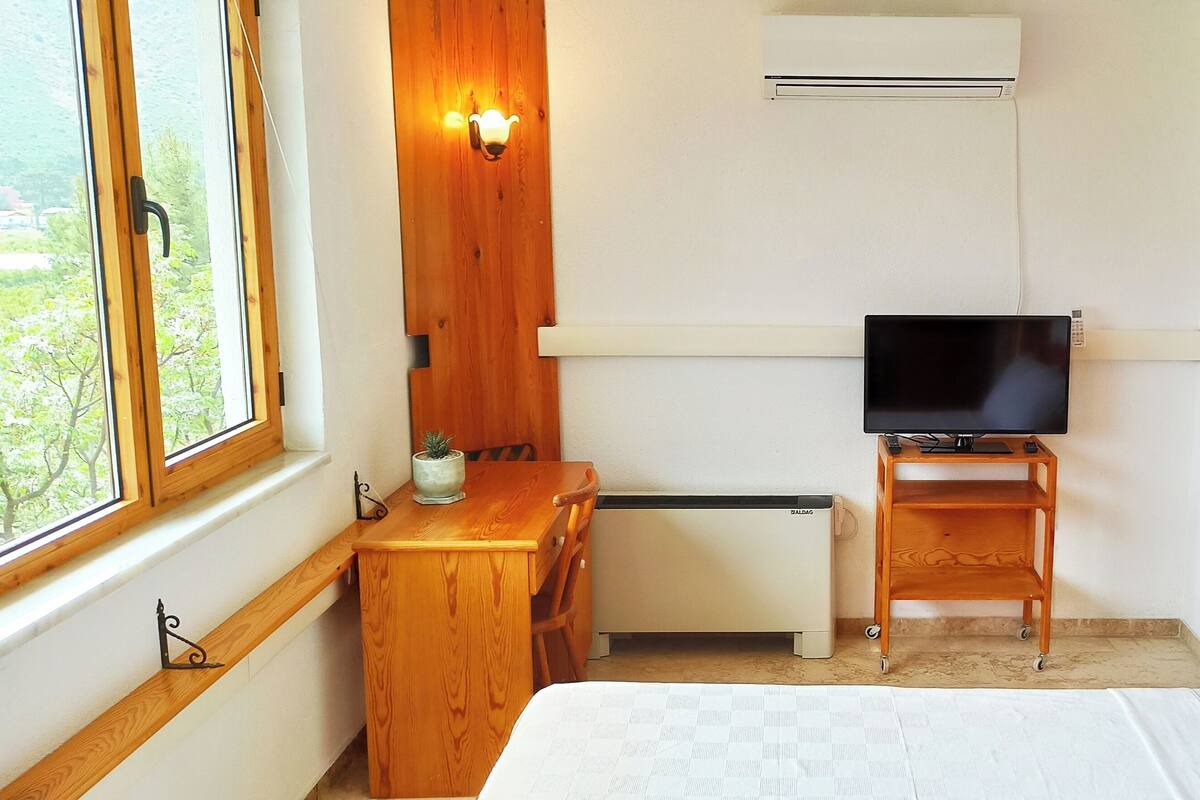 Una habitación con cama, escritorio con televisor, estantería pequeña y ventana con vistas a la vegetación.