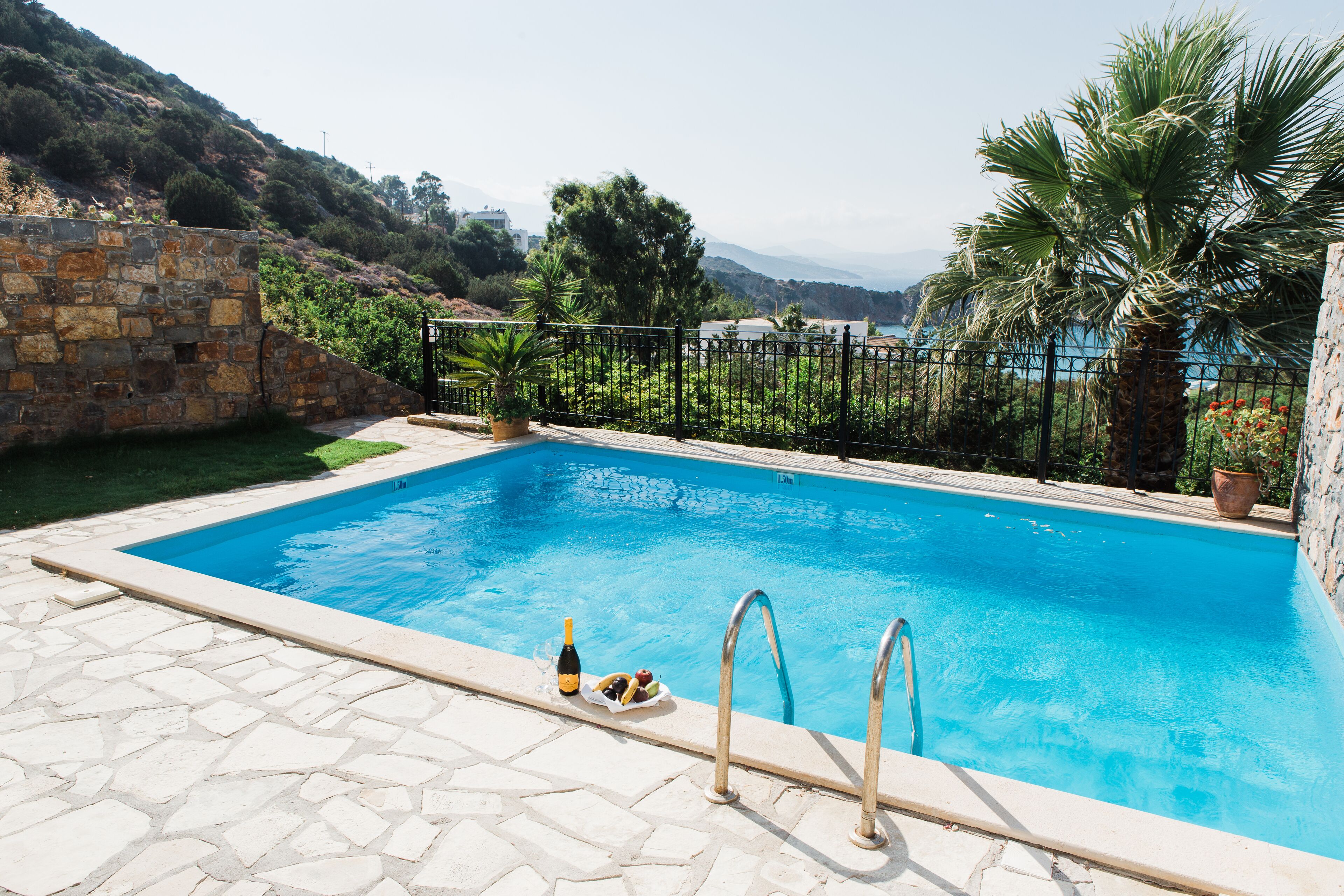 Une piscine aux carreaux de pierre, une bouteille de champagne et une assiette de collations.