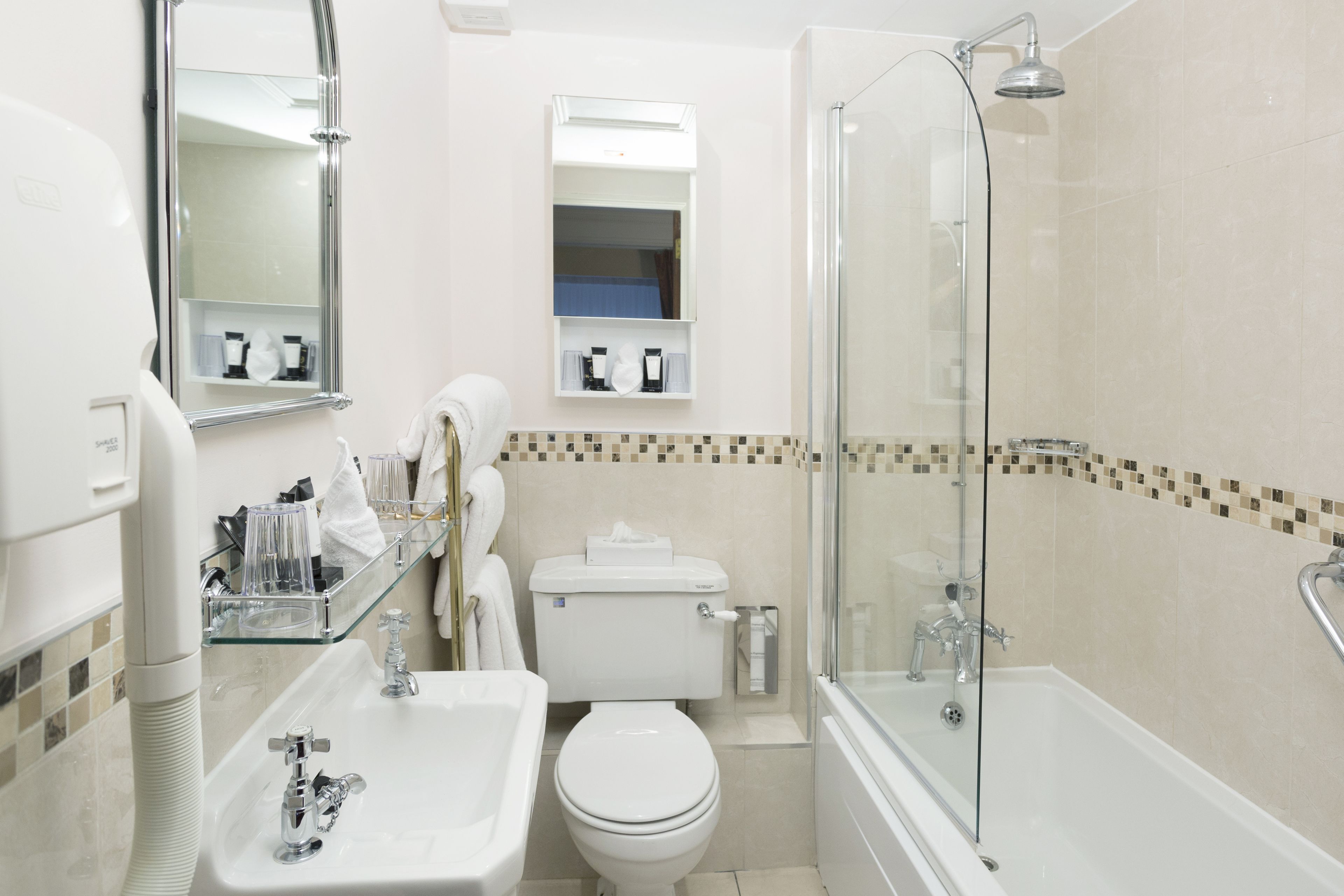 free toiletries, hair dryer, towels