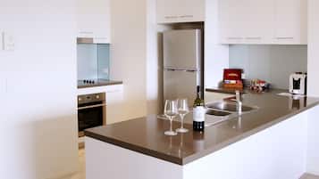 Fridge, microwave, stovetop, electric kettle