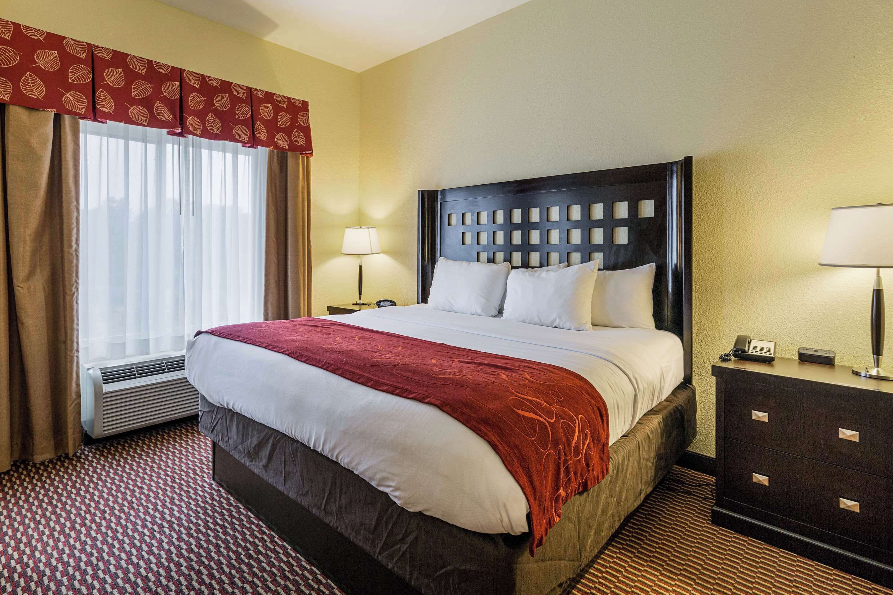 A hotel room with a large bed, a bedside table with a lamp, a dresser, and a window with curtains.