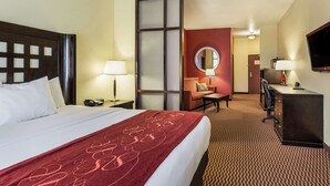 A hotel room with a large bed, a desk, a chair, a TV, and a mirror.