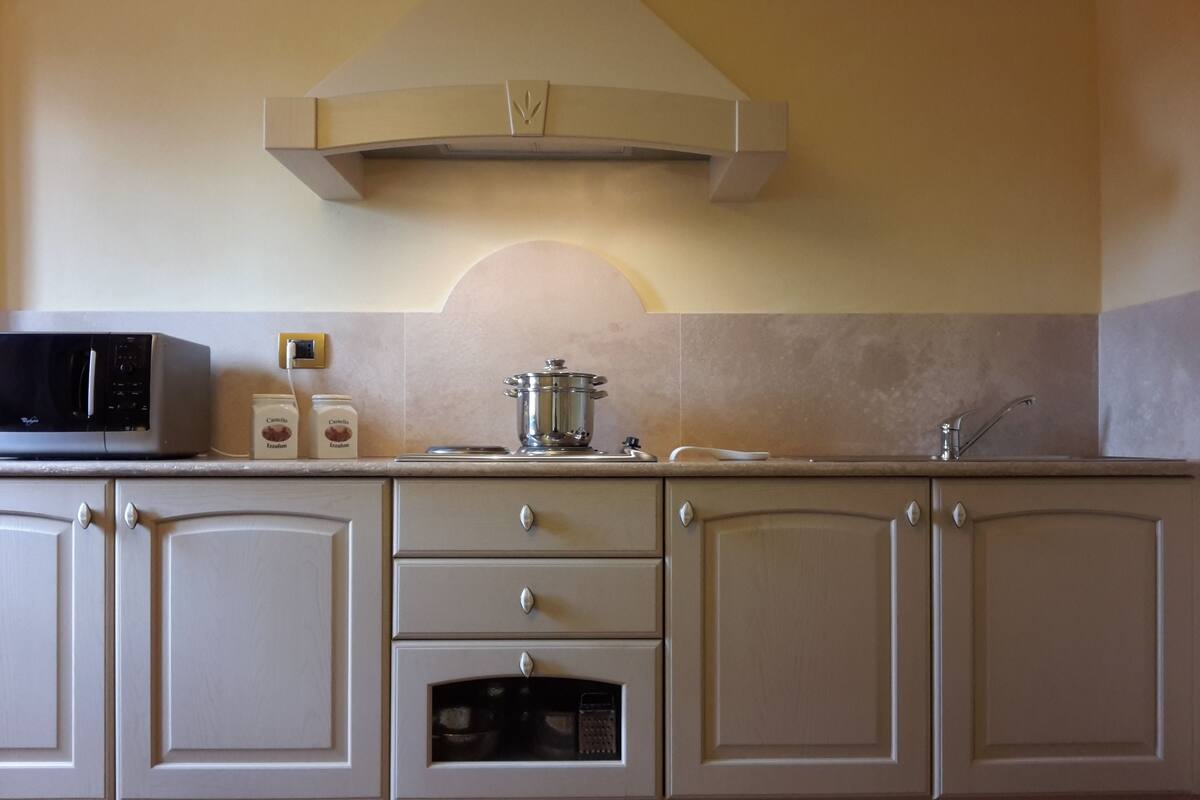 A kitchen with a microwave, a pot, a jar, and a sink.