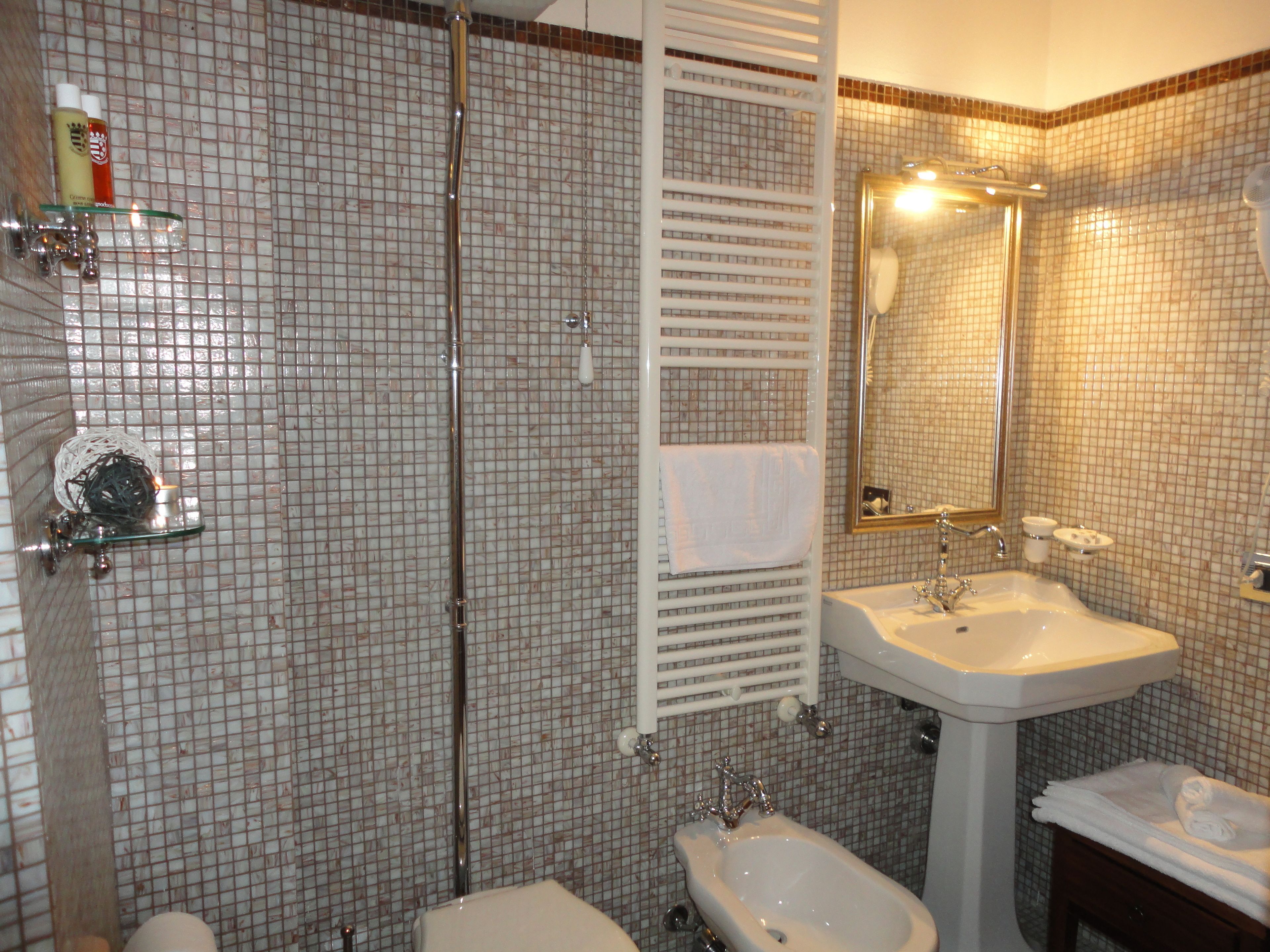 A bathroom with a shower, bidet, sink, and mirror.