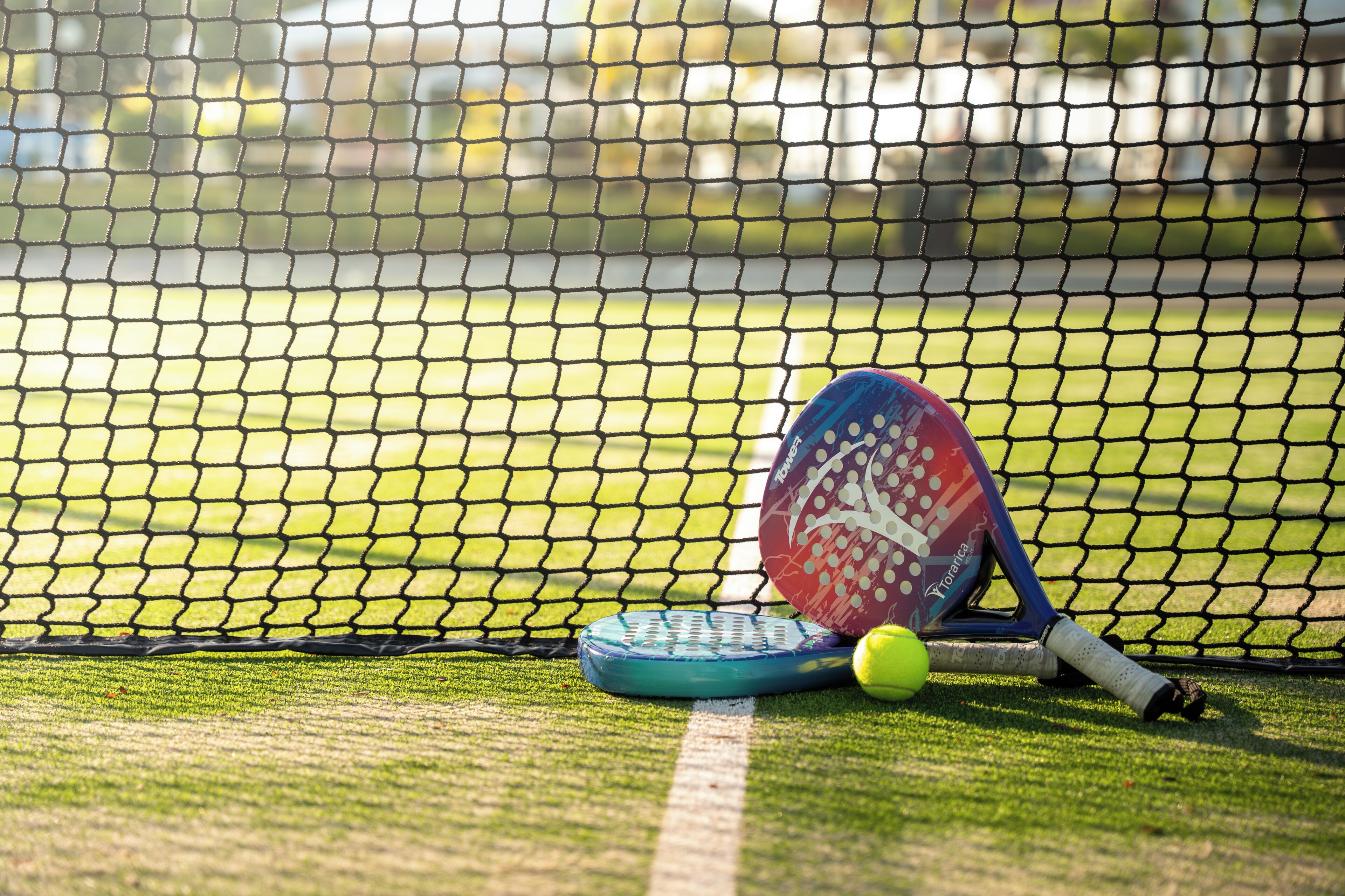 A tennis court with a net, a tennis racket, and a tennis ball.