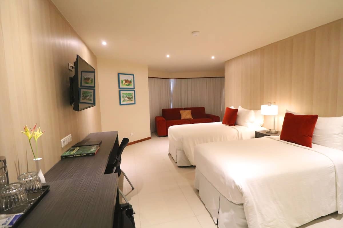 Una habitación de hotel con cama, escritorio, televisor y sofá.