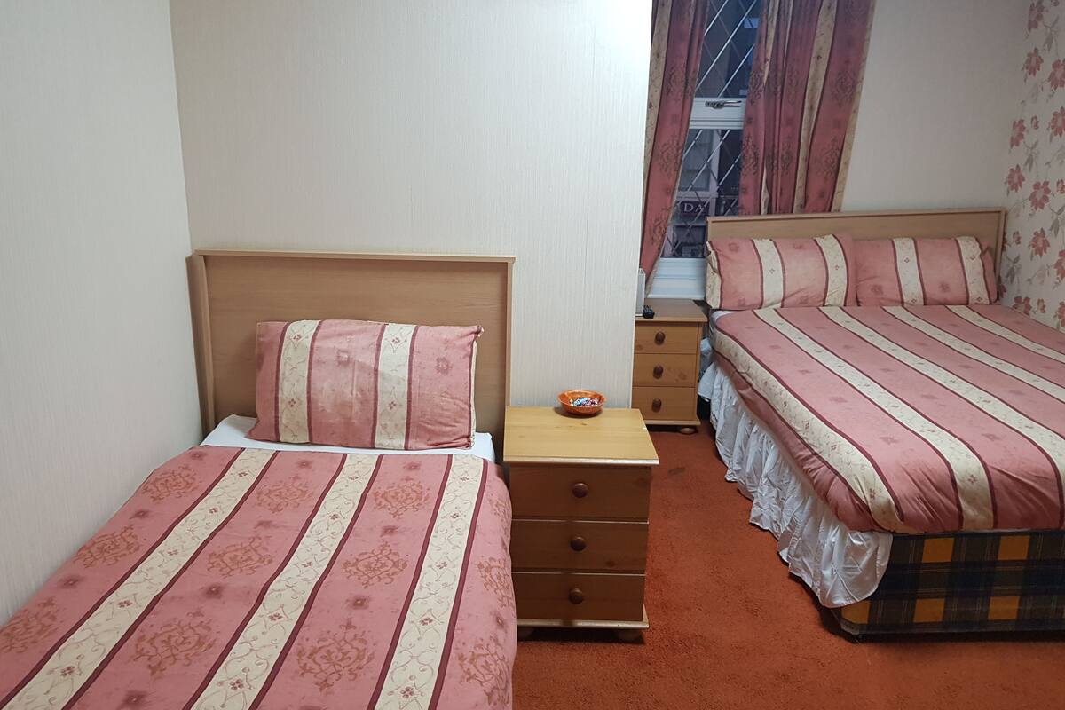A bedroom with two beds, a nightstand, and a dresser.