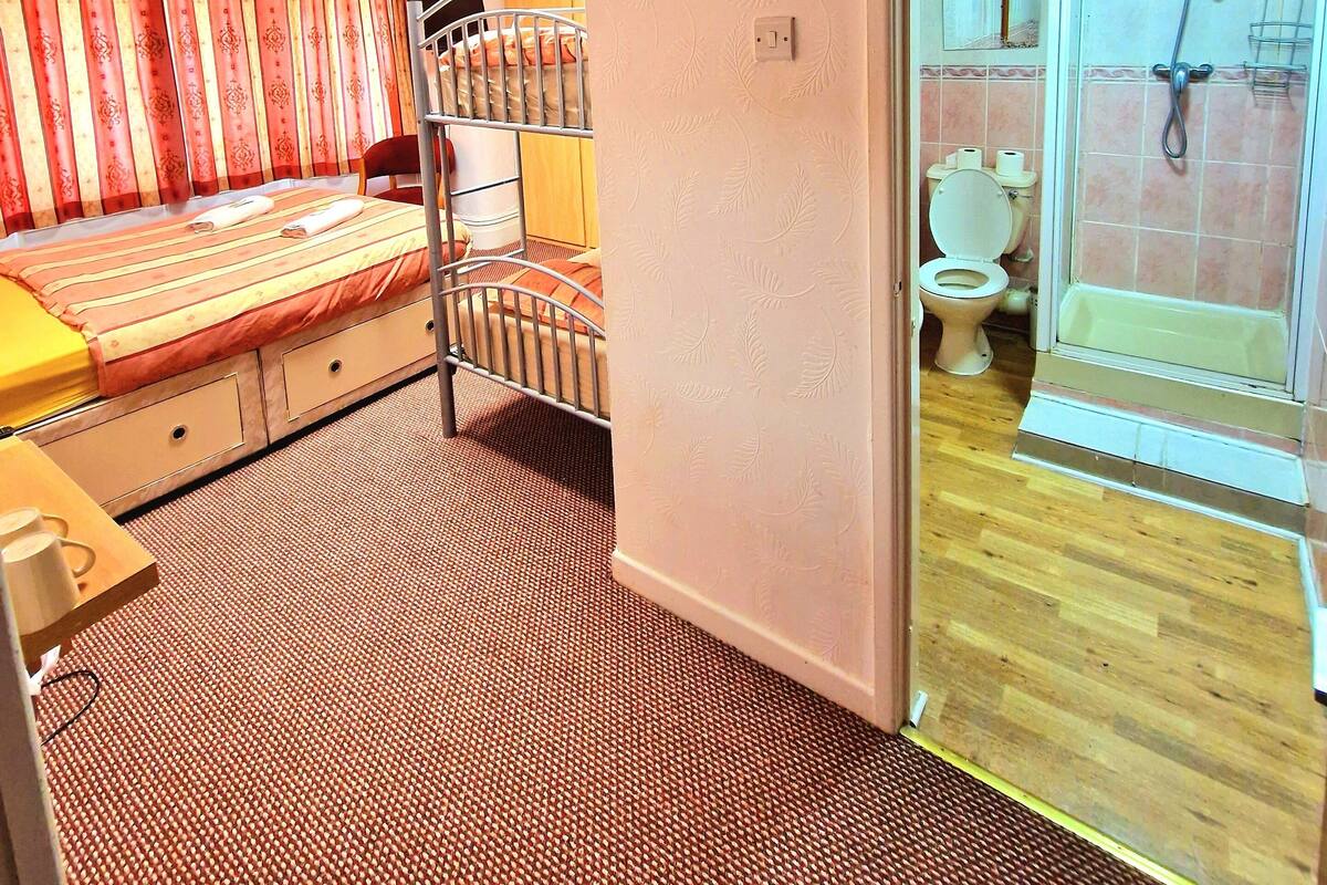 A room with a bed, a bunk bed, a shower area, and a toilet.