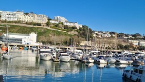 A marina with boats docked, a bridge, and buildings on a hillside in the background. - The Belmont (Torquay)