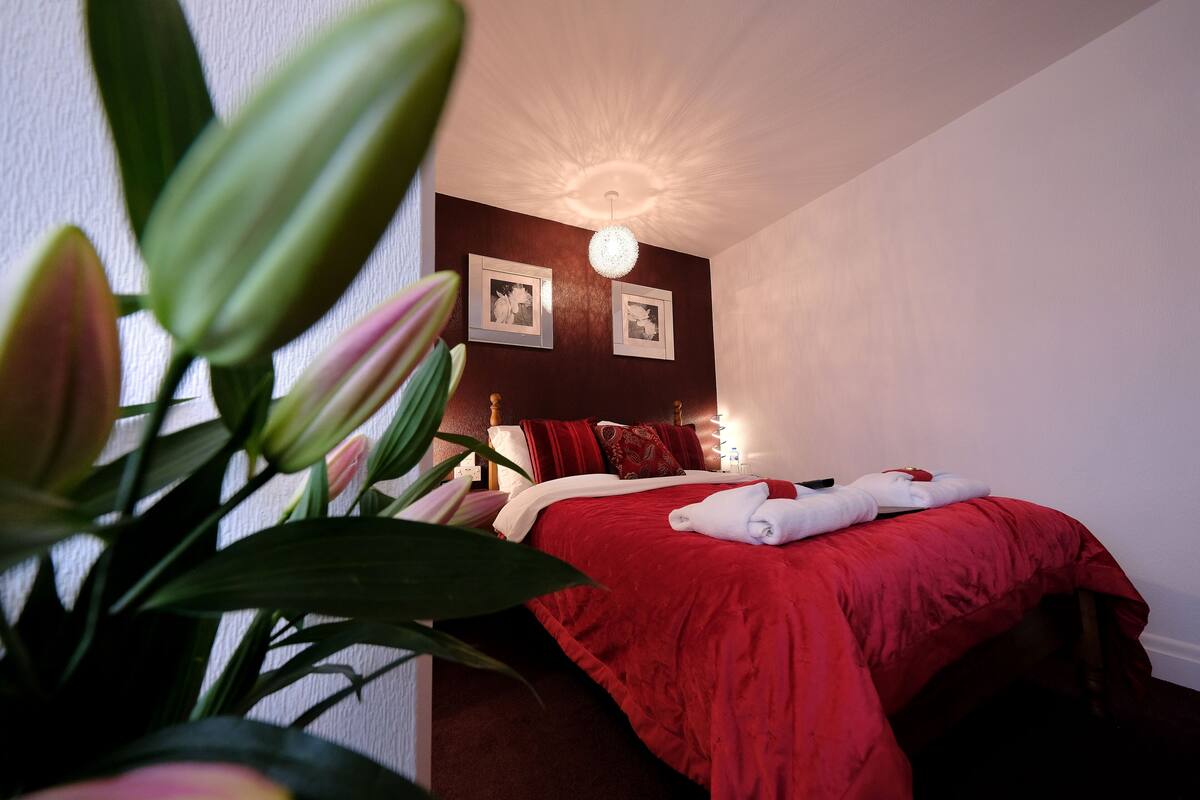 A bedroom with a red bedspread, two framed pictures on the wall, a chandelier, and a plant in the foreground.
