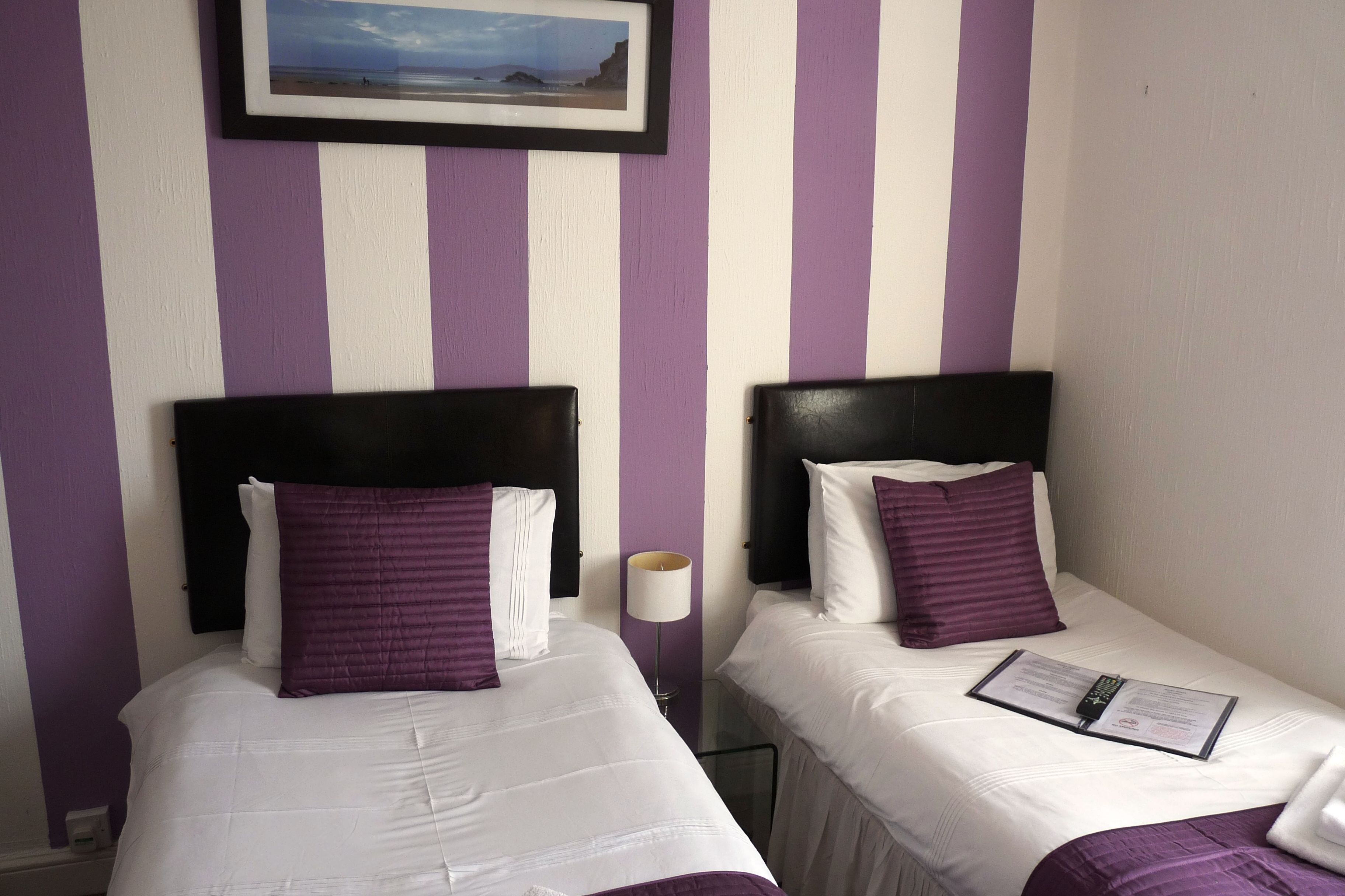 Two single beds with black headboards, white bedding, and purple pillows. A framed picture hangs on the wall above the beds.