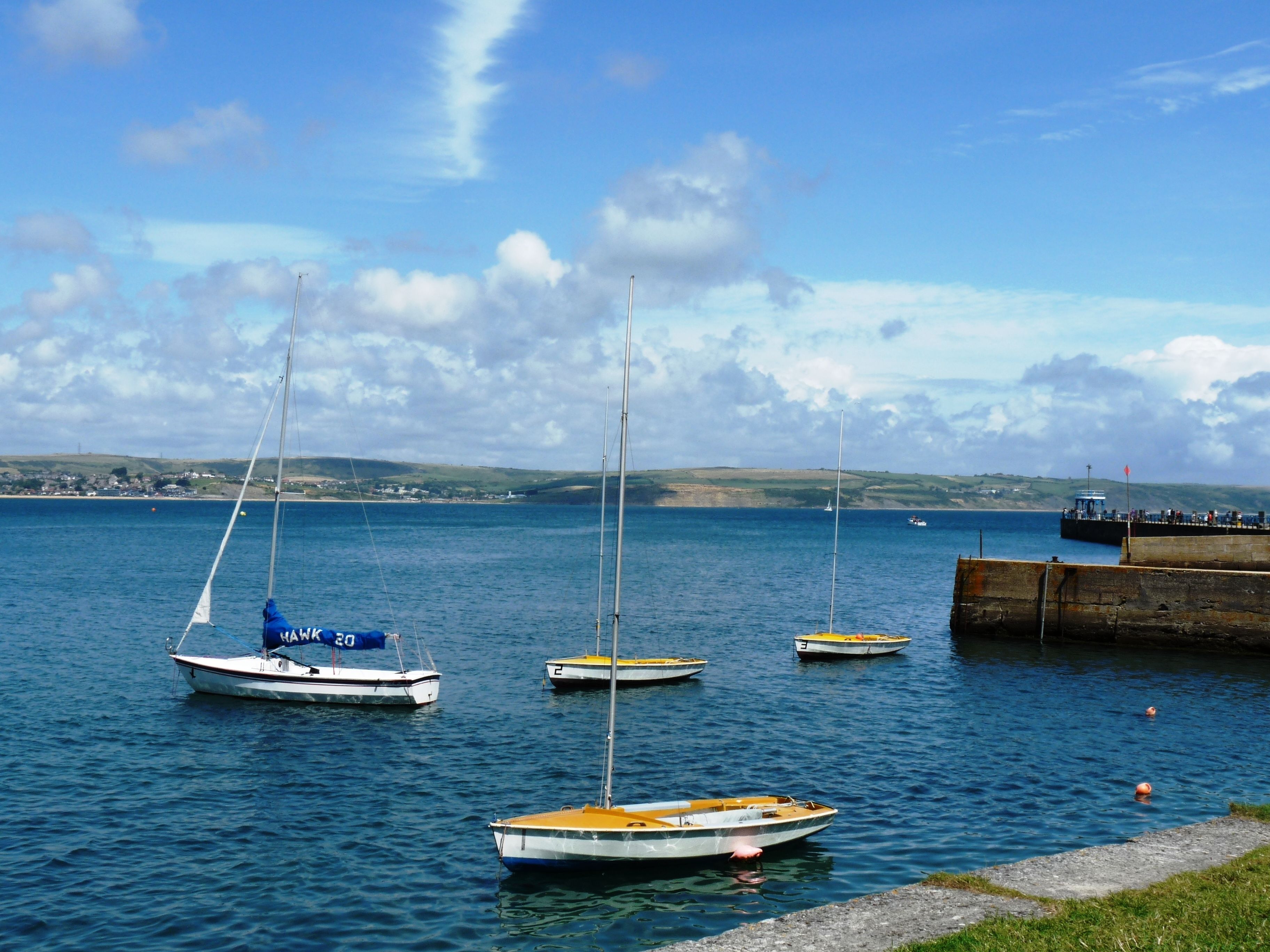 A harbor with several boats, a dock, and a distant shoreline.