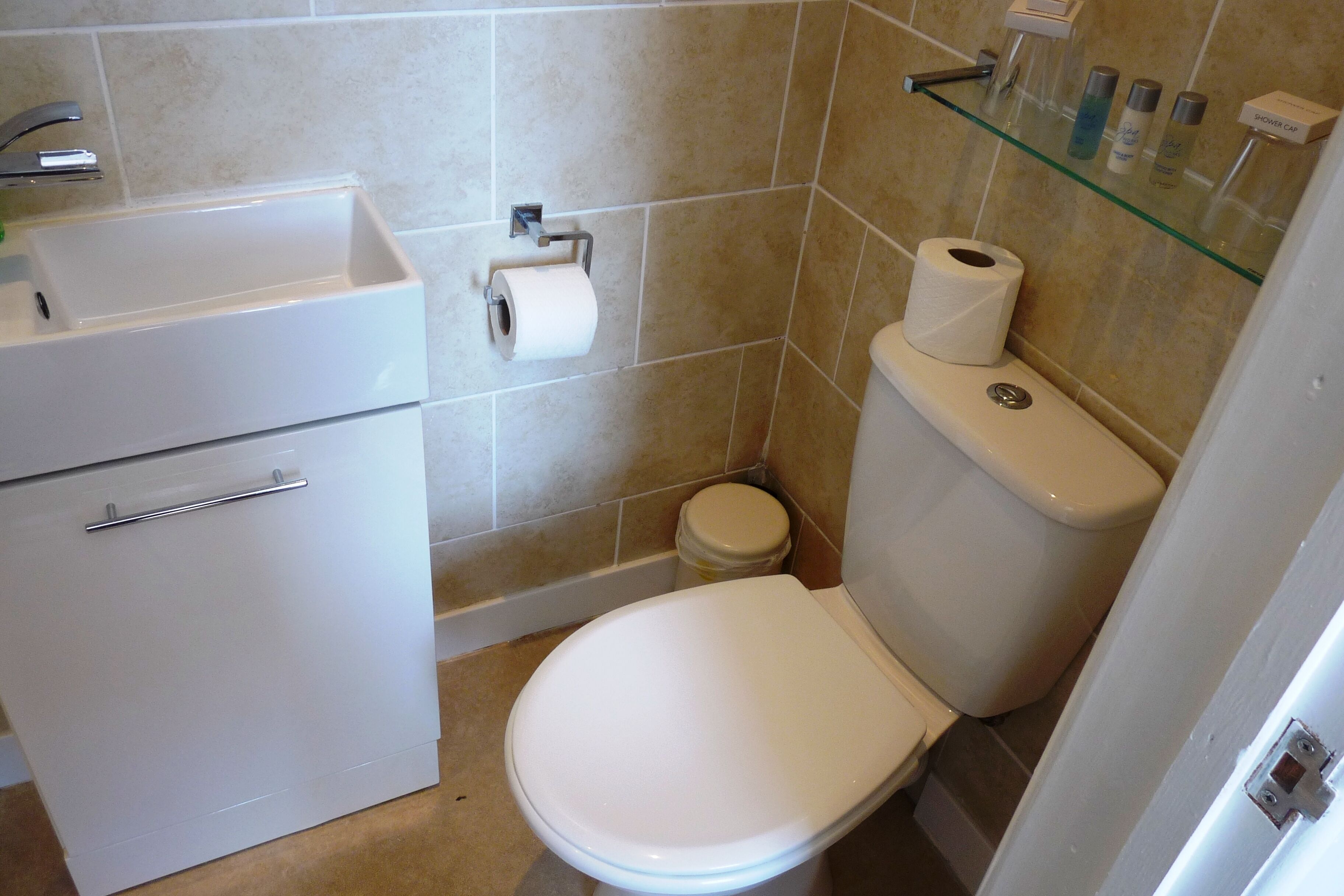 A bathroom with a white sink, toilet, and glass shelf with toiletries.