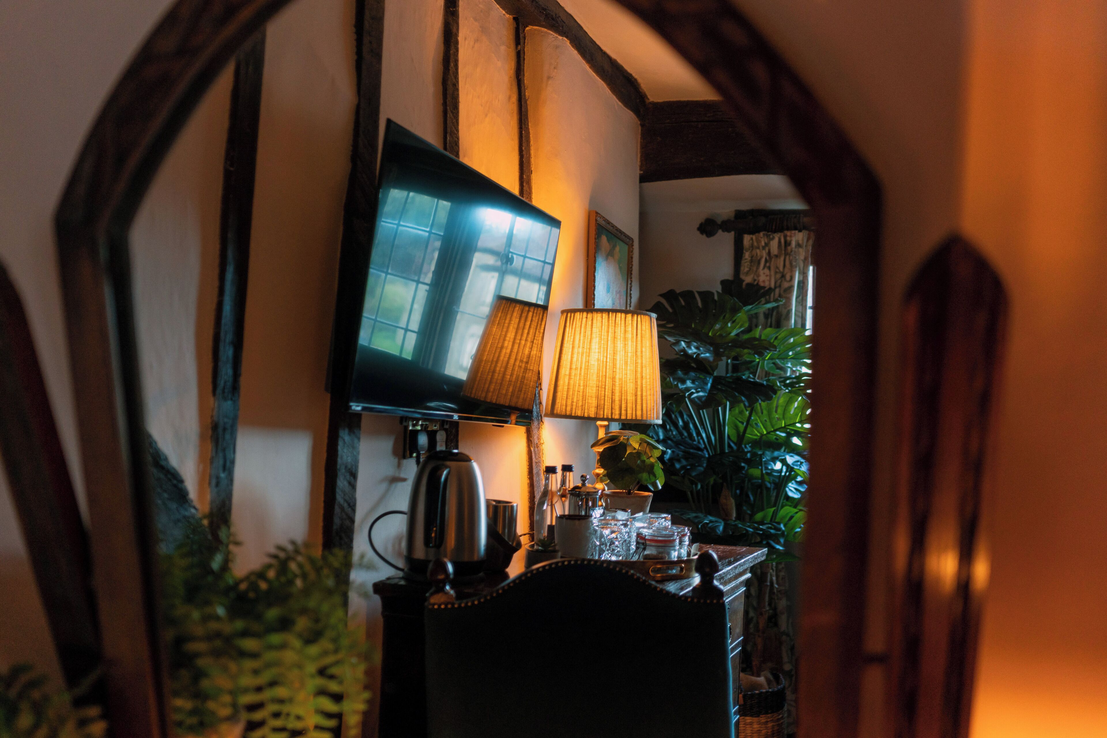 Una habitación con una televisión montada en la pared, una lámpara, una mesa con varios objetos y una planta.