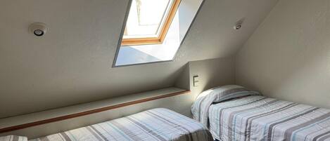A small, single-room apartment with two beds, a skylight, and a sloped ceiling.