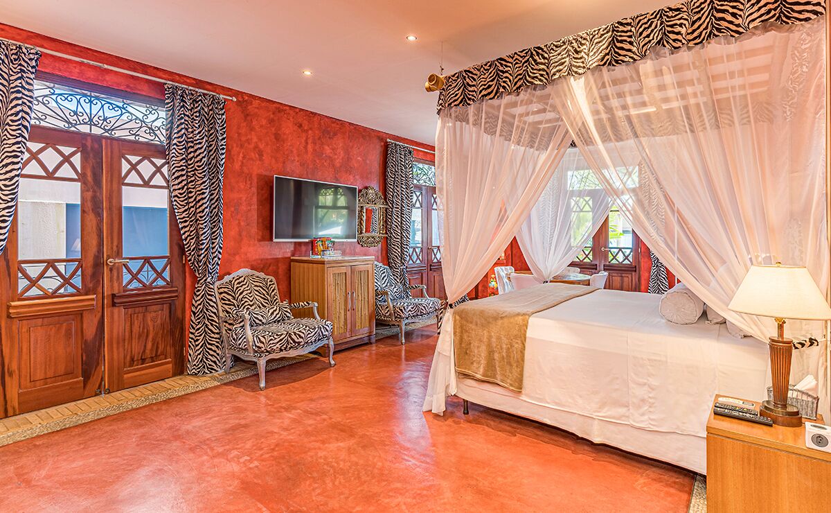 A bedroom with a zebra-patterned canopy bed, a television, and a zebra-patterned chair.