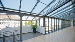 A spacious, modern interior with large glass windows and a central potted plant. - Hotel Am Froschbächel (Bühl)