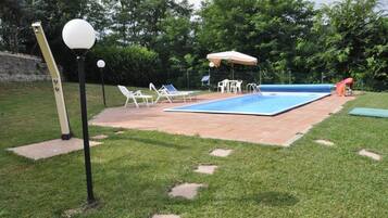 Outdoor pool, open 10:00 AM to 8:00 PM, pool umbrellas, sun loungers