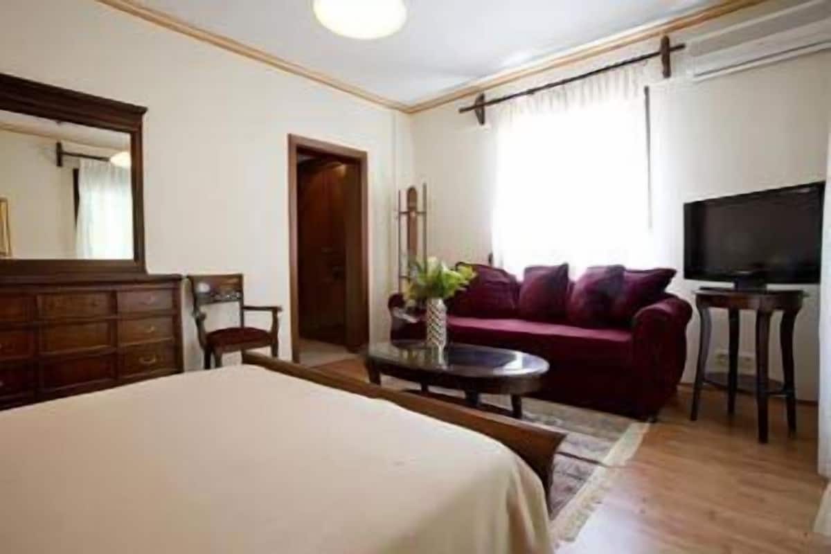 Un dormitorio con cama, cómoda, televisor y sofá.