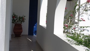 A corridor with white walls, a blue door, and potted plants with flowers. - Nefeli Villa (Santorini)