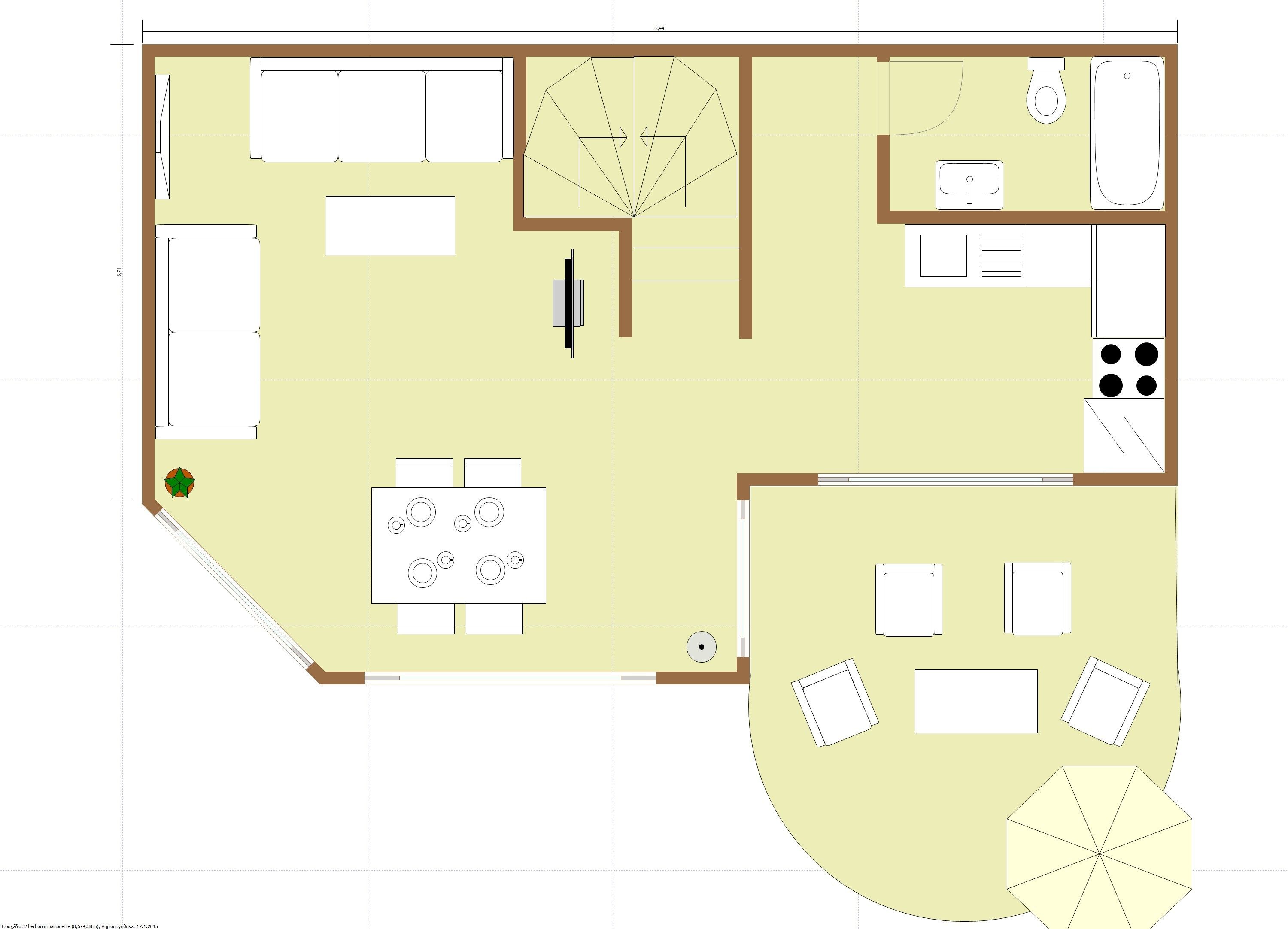 A floor plan of a hotel room with a bed, a desk, a chair, a small table, a sofa, and a circular seating area with an umbrella.