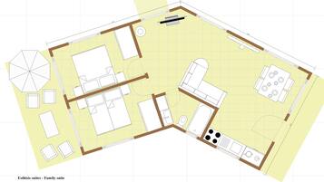Plano de la suite Esthisis, que incluye una cocina, comedor y un amplio espacio de sala.