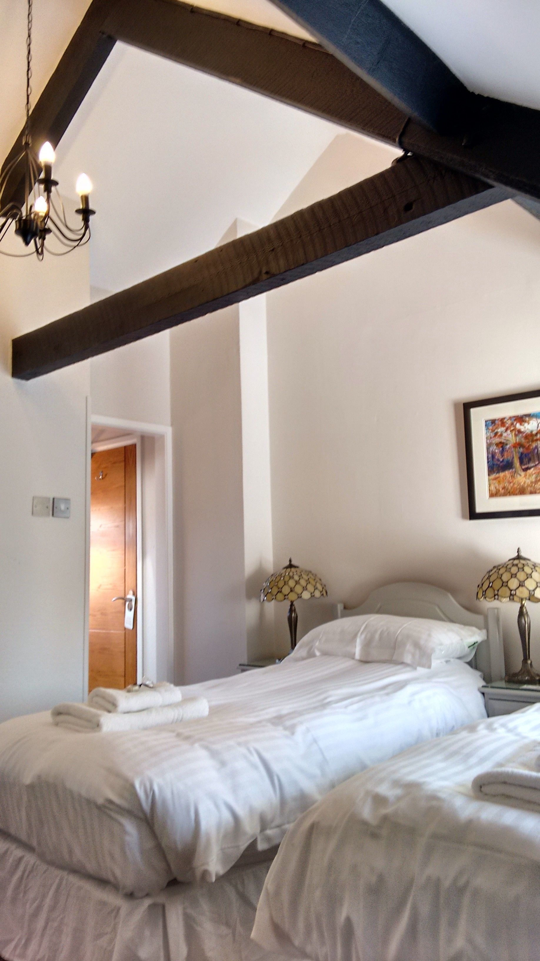 A bedroom with a large bed, two bedside lamps, a chandelier, and a framed painting on the wall.