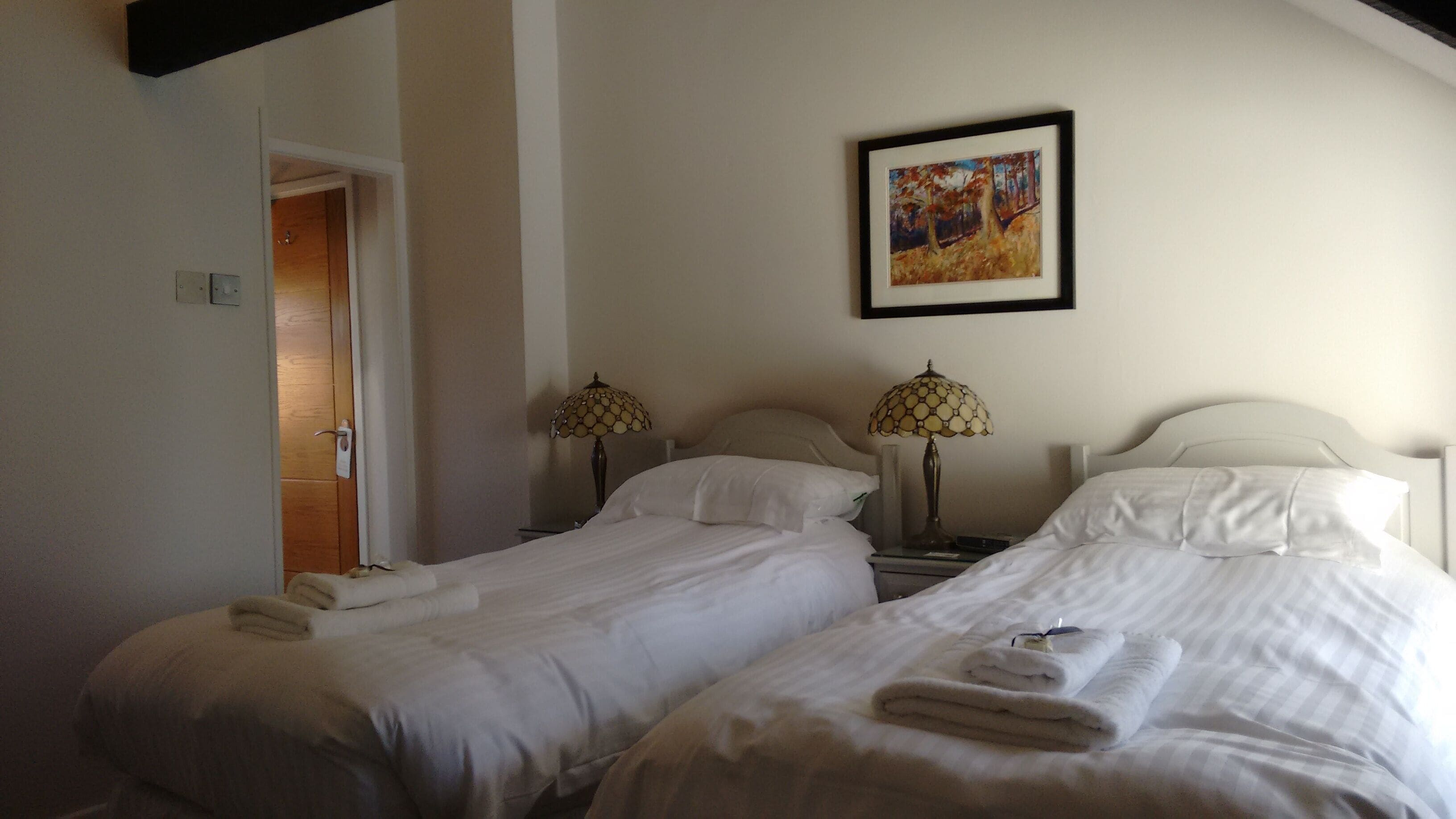 A hotel room with two beds, each with white linens and towels, a painting on the wall, and two lamps on the nightstands.