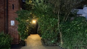 A pathway leading to a building with a brick facade and a satellite dish.