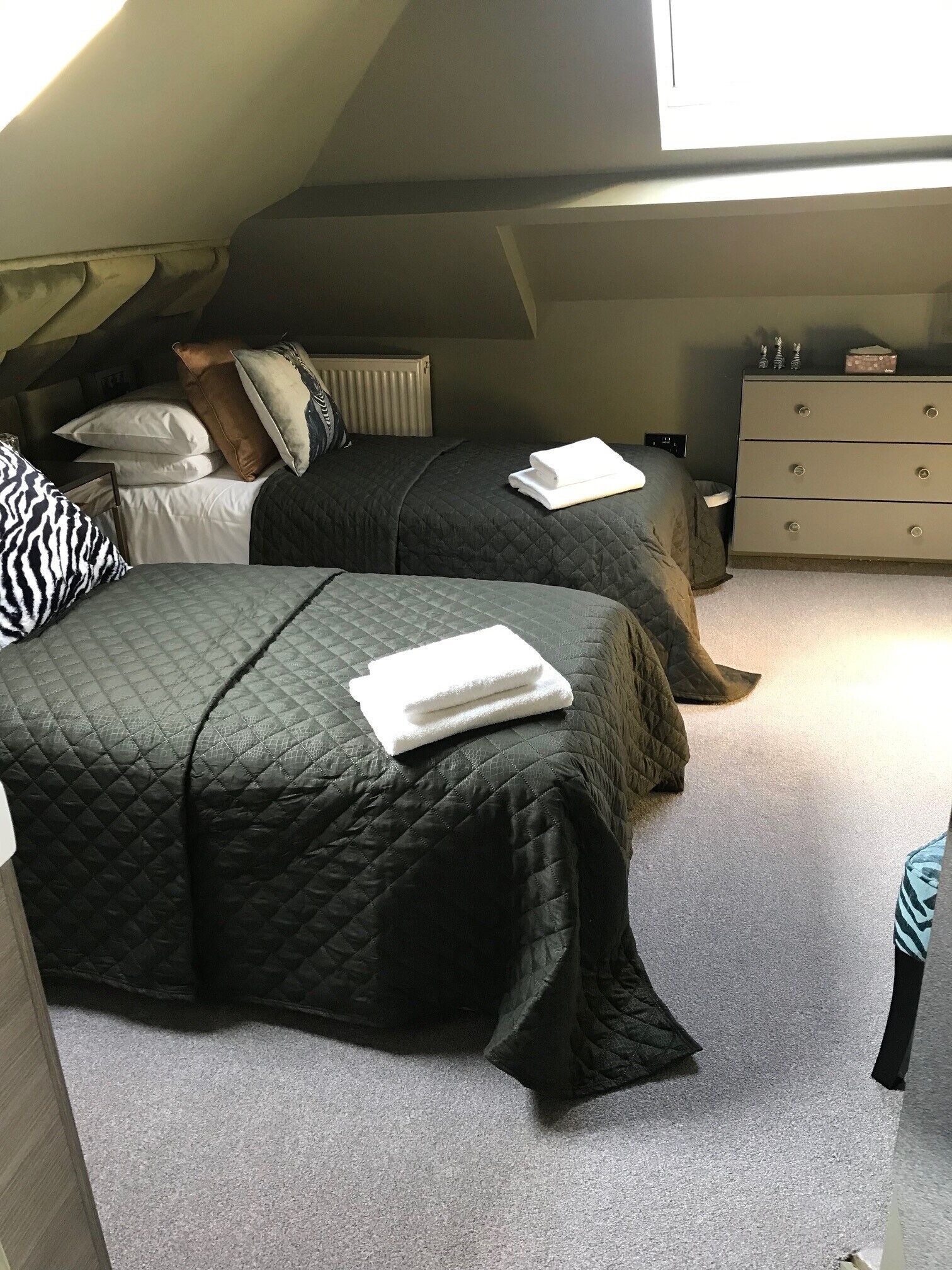 A bedroom with two beds, a dresser, and a radiator.