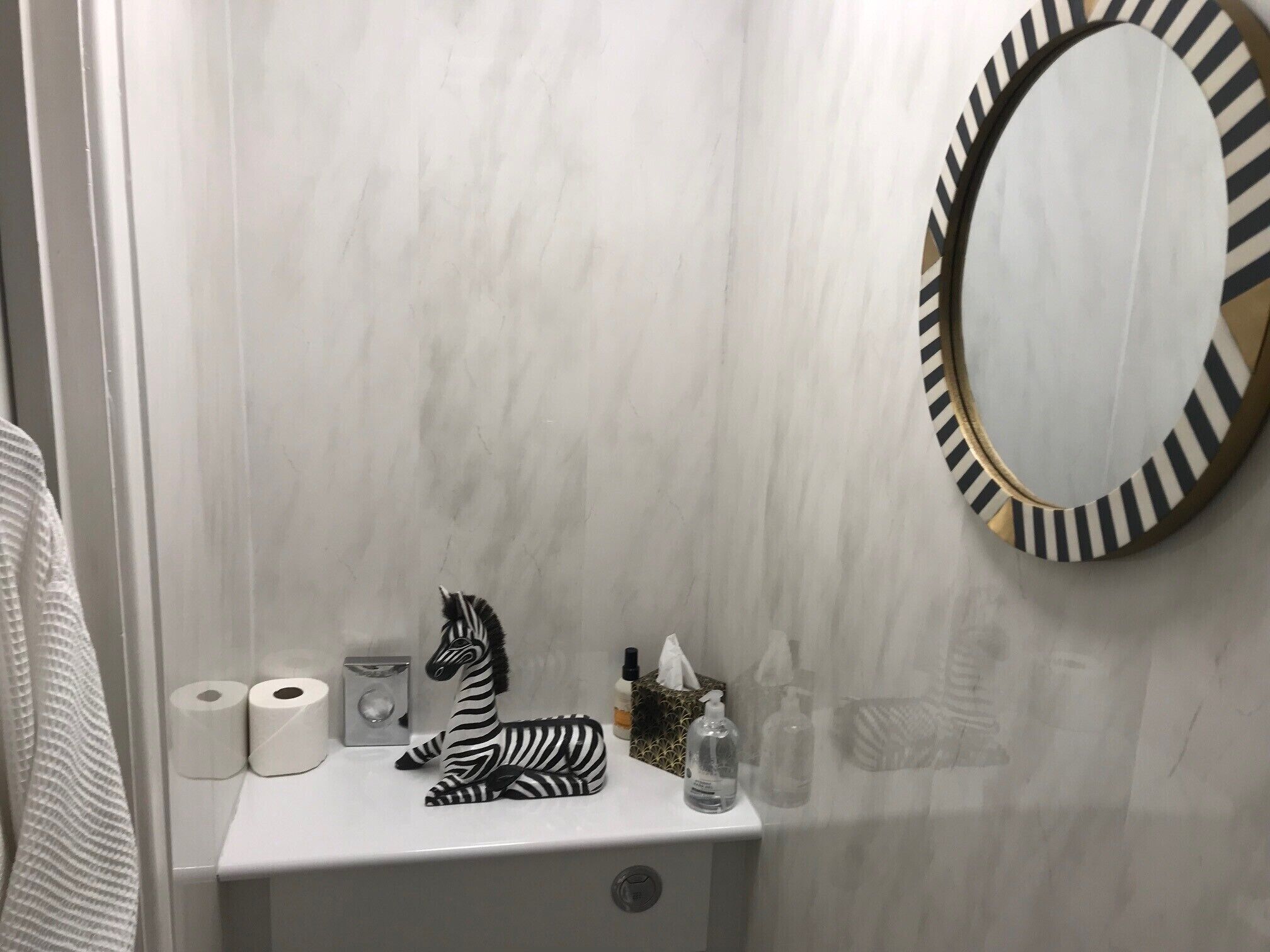 Un baño con inodoro, un dispensador de jabón con forma de cebra y un espejo con marco a rayas.
