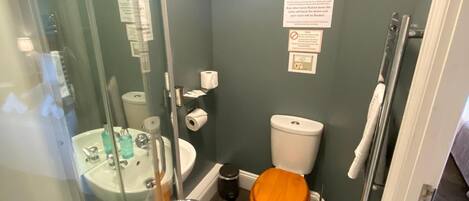 Un baño con cabina de ducha de vidrio, un lavabo con artículos de aseo, un inodoro con asiento naranja y un perchero para toallas.
