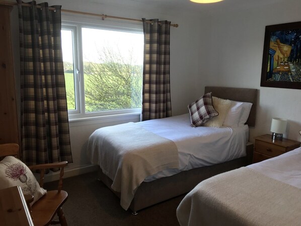 A bedroom with two beds, a window with curtains, a painting on the wall, and a bedside table with a lamp.