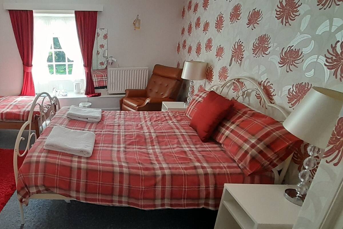Ett hotellrum med två sängar, en röd matta, ett element, en stol och en lampa.