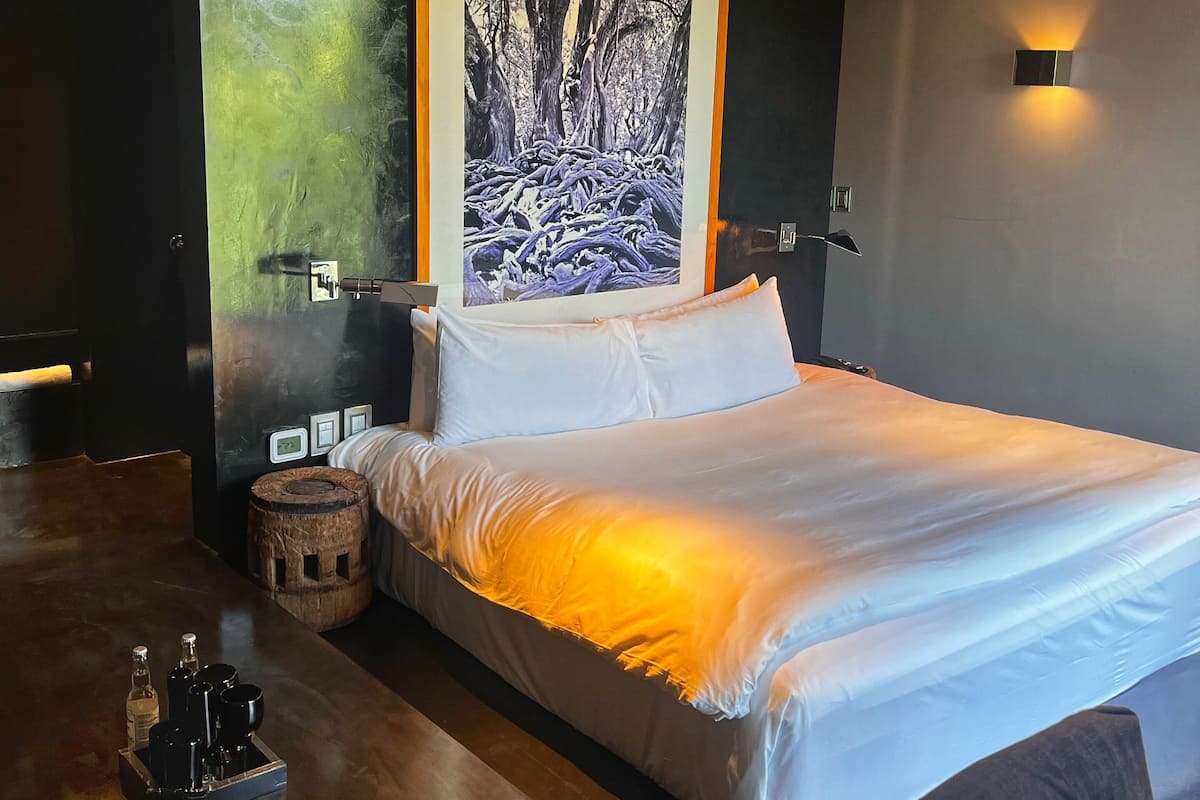 A modern hotel room with a large bed, a wooden side table, and a framed forest photograph on the wall.